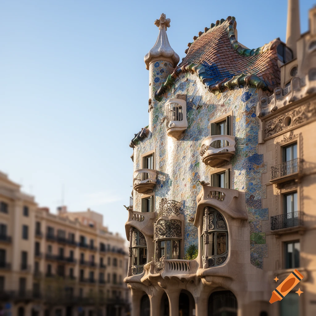 Close-up of Gaudí's Casa Batlló, a colorful modernist building with mosaic walls, organic balconies, and a scaled roof.