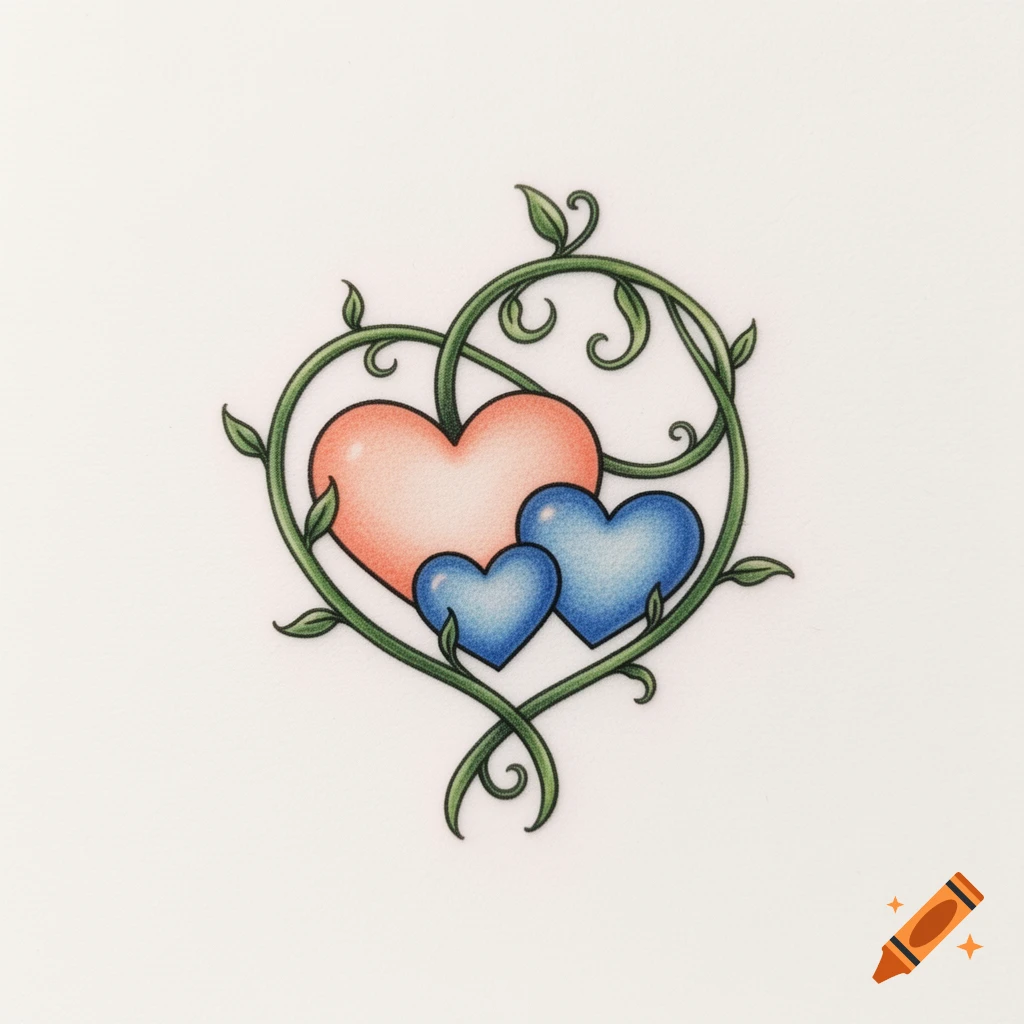 A tattoo design featuring one large peach-colored heart and two smaller blue hearts intertwined with green leafy vines.