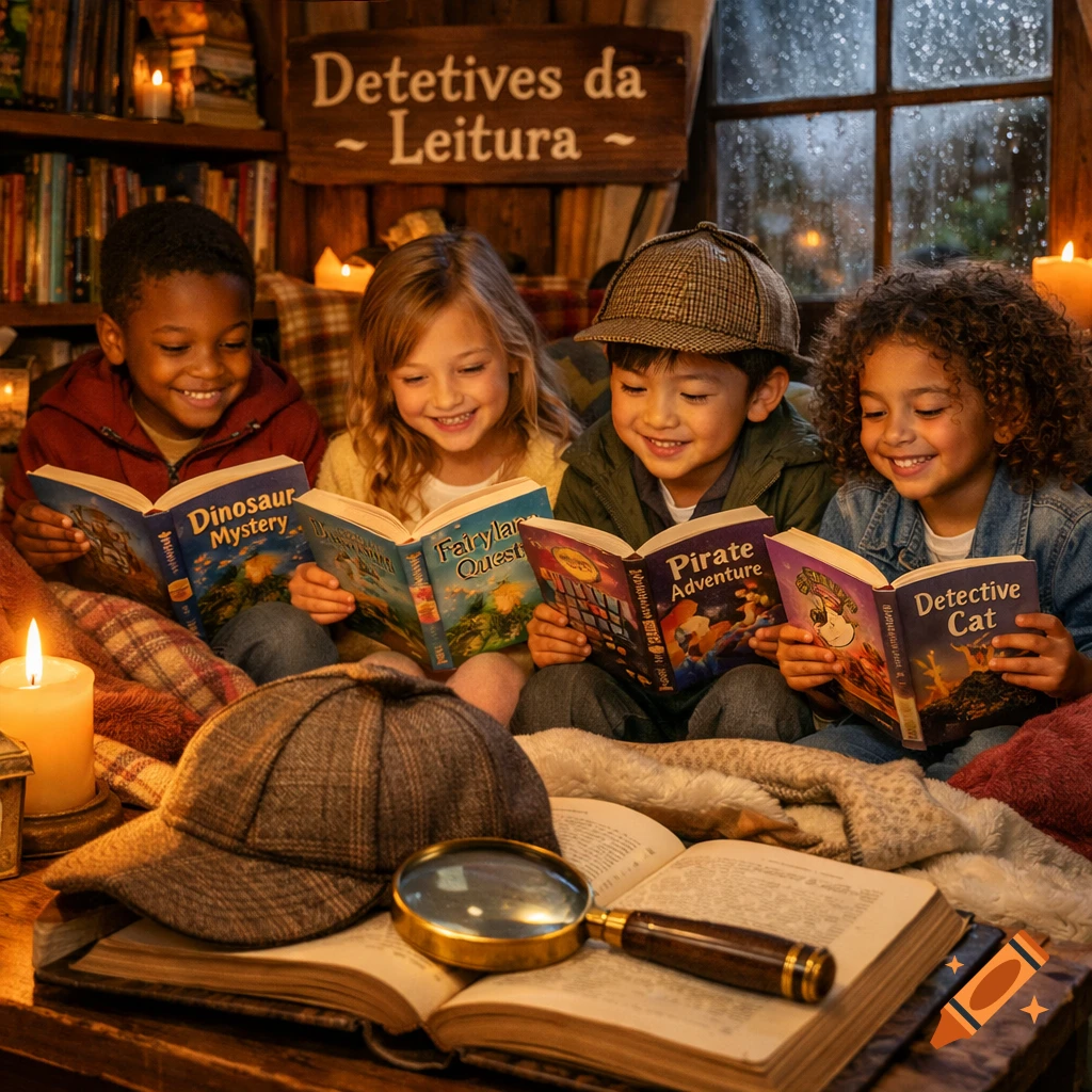 Four diverse children smiling while reading books in a cozy, rustic room by candlelight, a detective's hat and magnifying glass in the foreground.