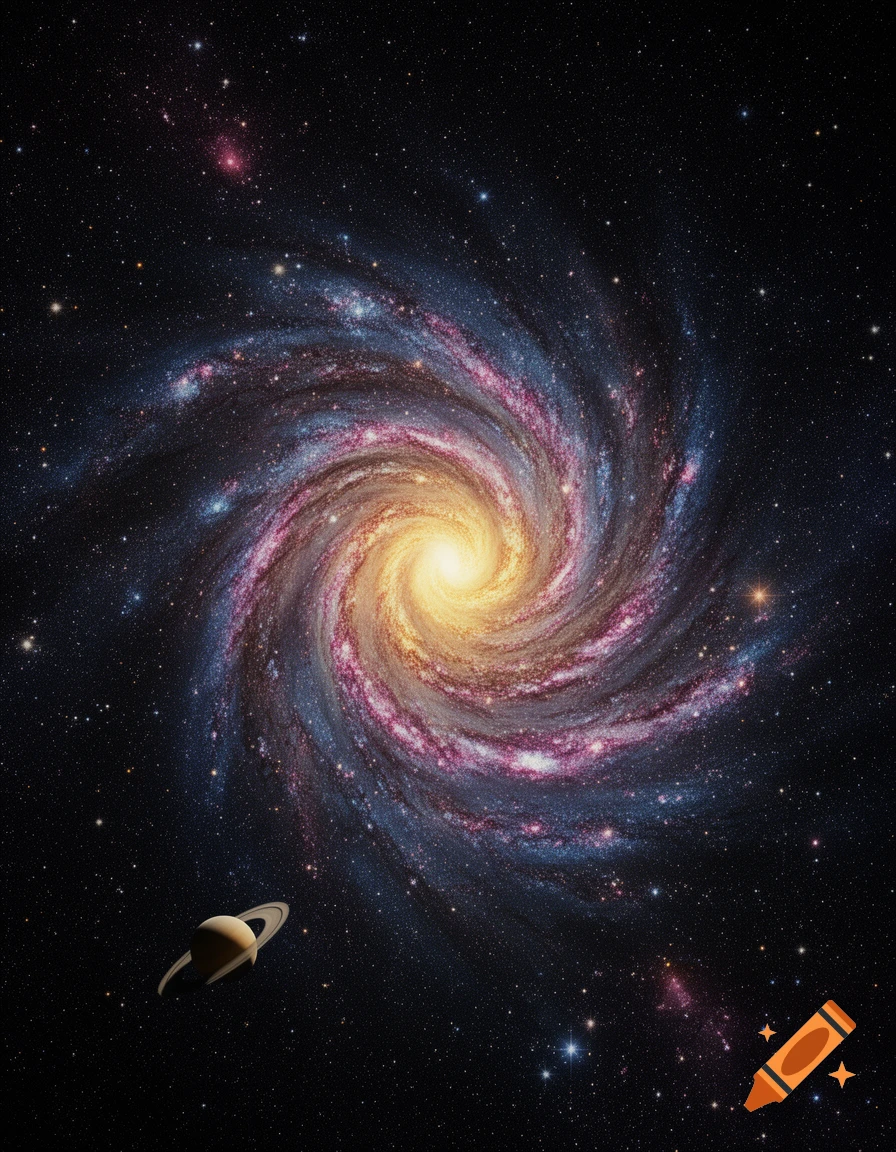 A vibrant spiral galaxy with a bright core and colorful arms in a star-filled background, with a ringed planet in the foreground.