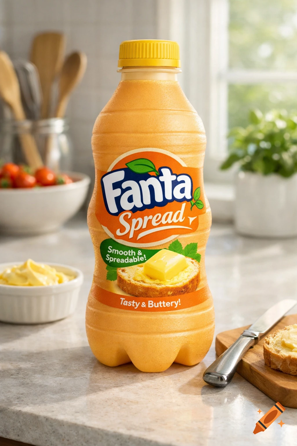 A Fanta bottle reimagined as a spread, labeled "Fanta Spread" with buttered toast, on a kitchen counter, photorealistic.