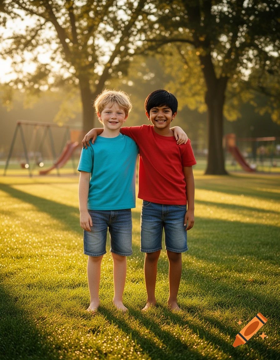 Two young boys, one with light hair and one with dark hair, smile while hugging in a sunlit grassy park with playground equipment.
