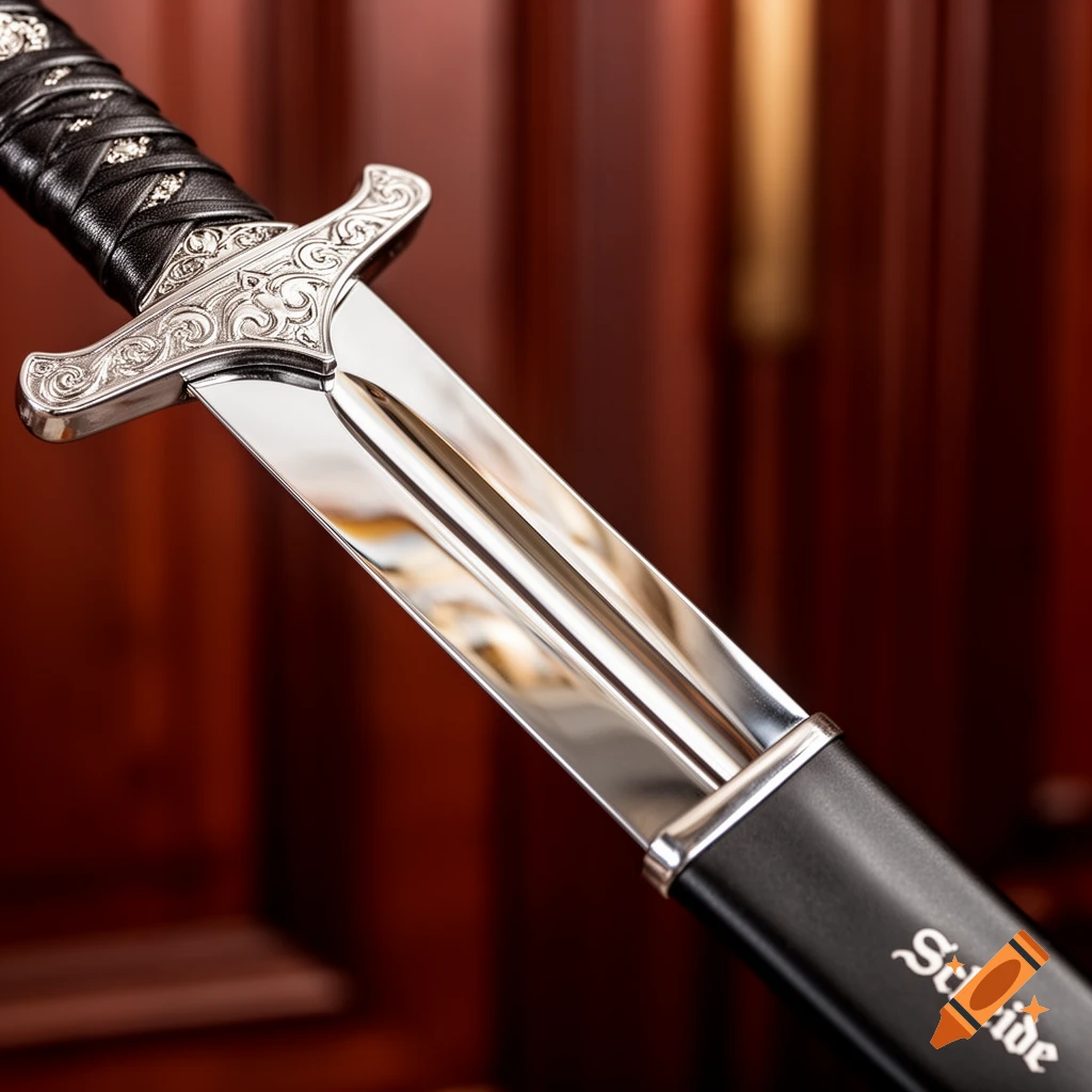 Close-up of a decorative sword with a silver hilt and a black sheath bearing the word 'Scheide'.