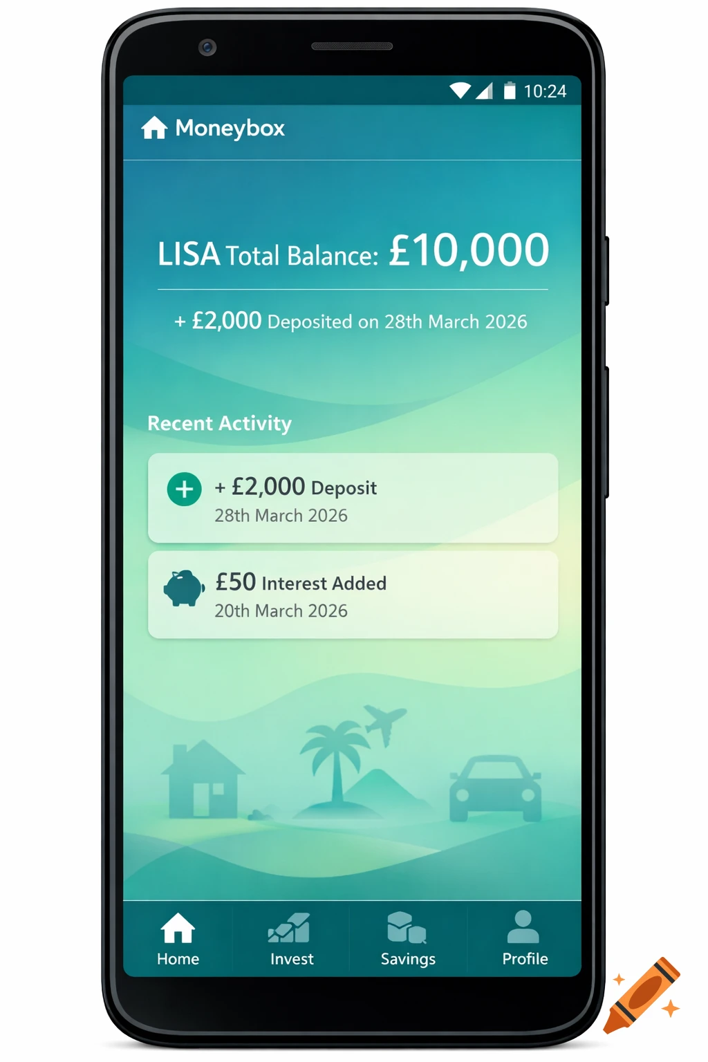 Screenshot of a Moneybox banking app on an Android phone, displaying a LISA account with a 10,000 balance and recent transactions.
