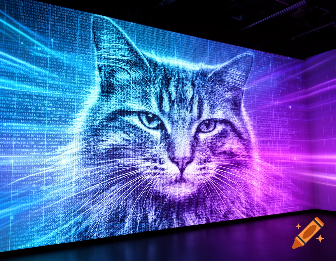 A close-up of a domestic long-haired cat's face on a large screen, depicted with vibrant blue and purple neon lights and binary code patterns in a dark room.