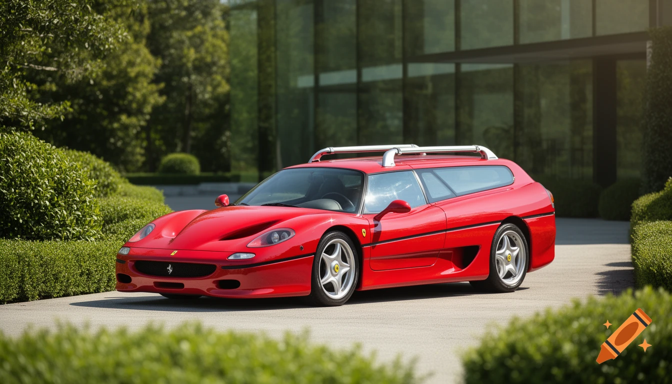 A photorealistic red Ferrari F50 wagon with roof rails parked on a driveway in front of a modern glass building.