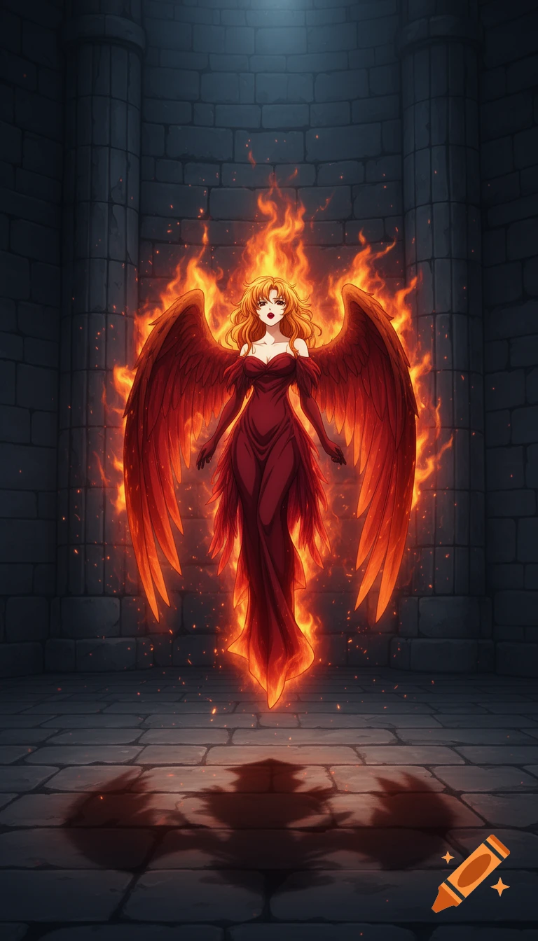 Anime woman with fiery orange wings and a red dress floats in a dark stone room, surrounded by flames.