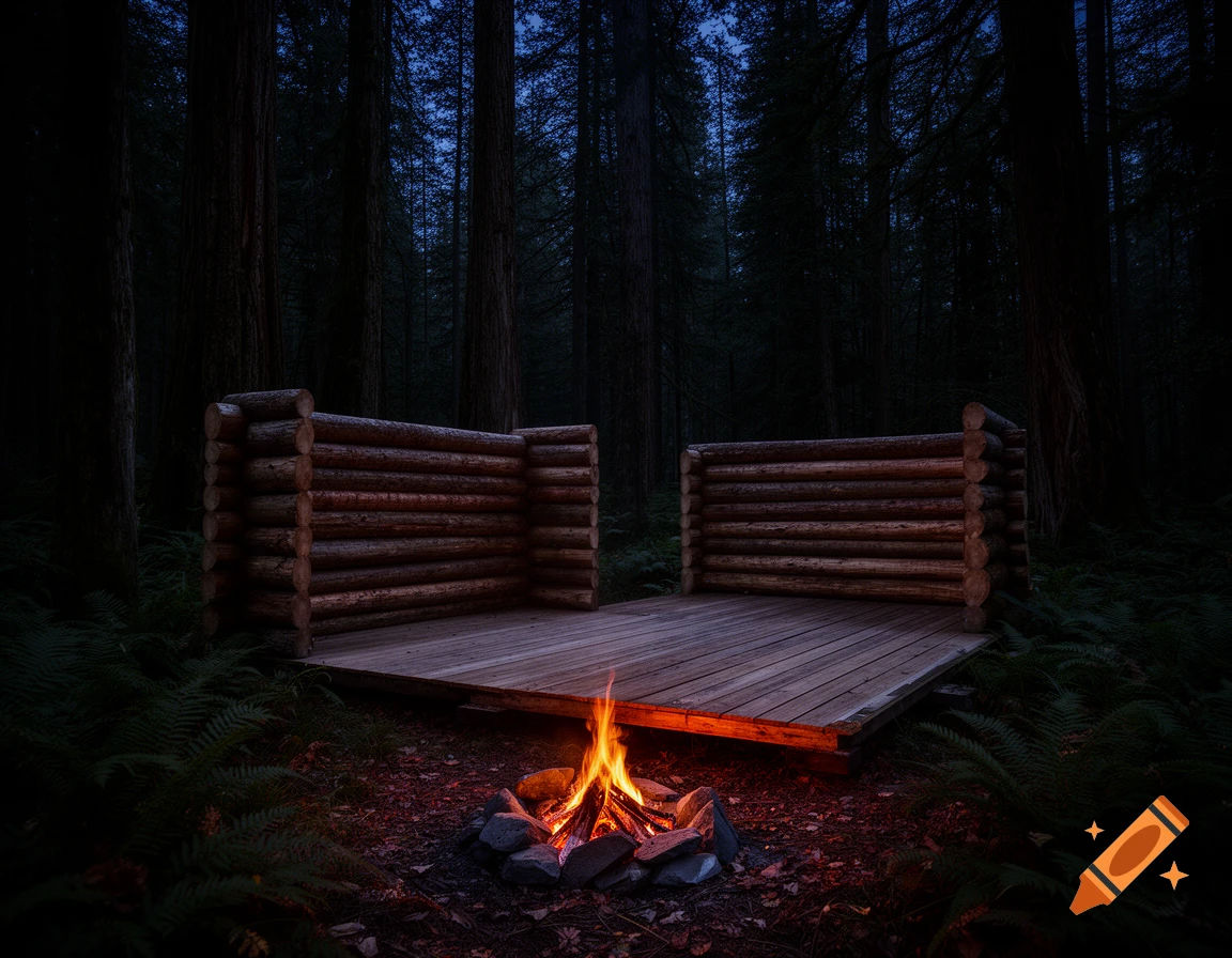 A photorealistic image of a campfire in front of an unfinished log cabin structure in a dark, dense forest at dusk.