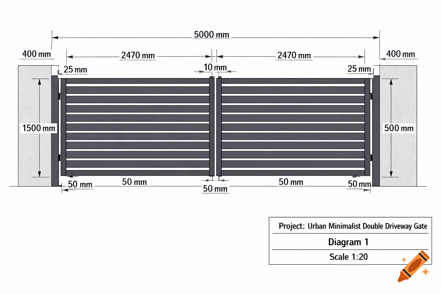 Orthographic 2D blueprint of a double driveway gate between two concrete pillars, with various dimensions in millimeters.