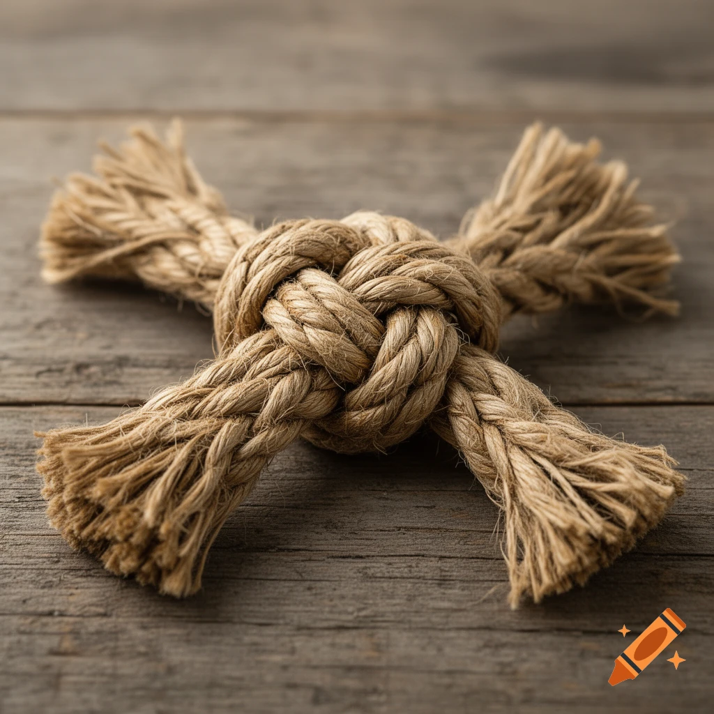 A large, tightly woven rope knot with four frayed ends rests on a textured, rustic wooden surface.