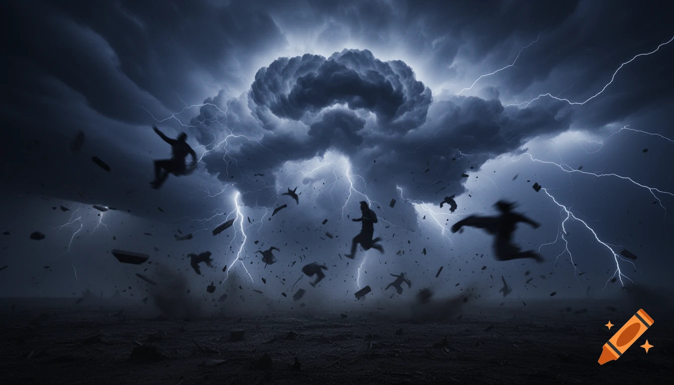 Dramatic image of human silhouettes and debris swirling in a violent storm under a dark, cloudy sky with lightning.