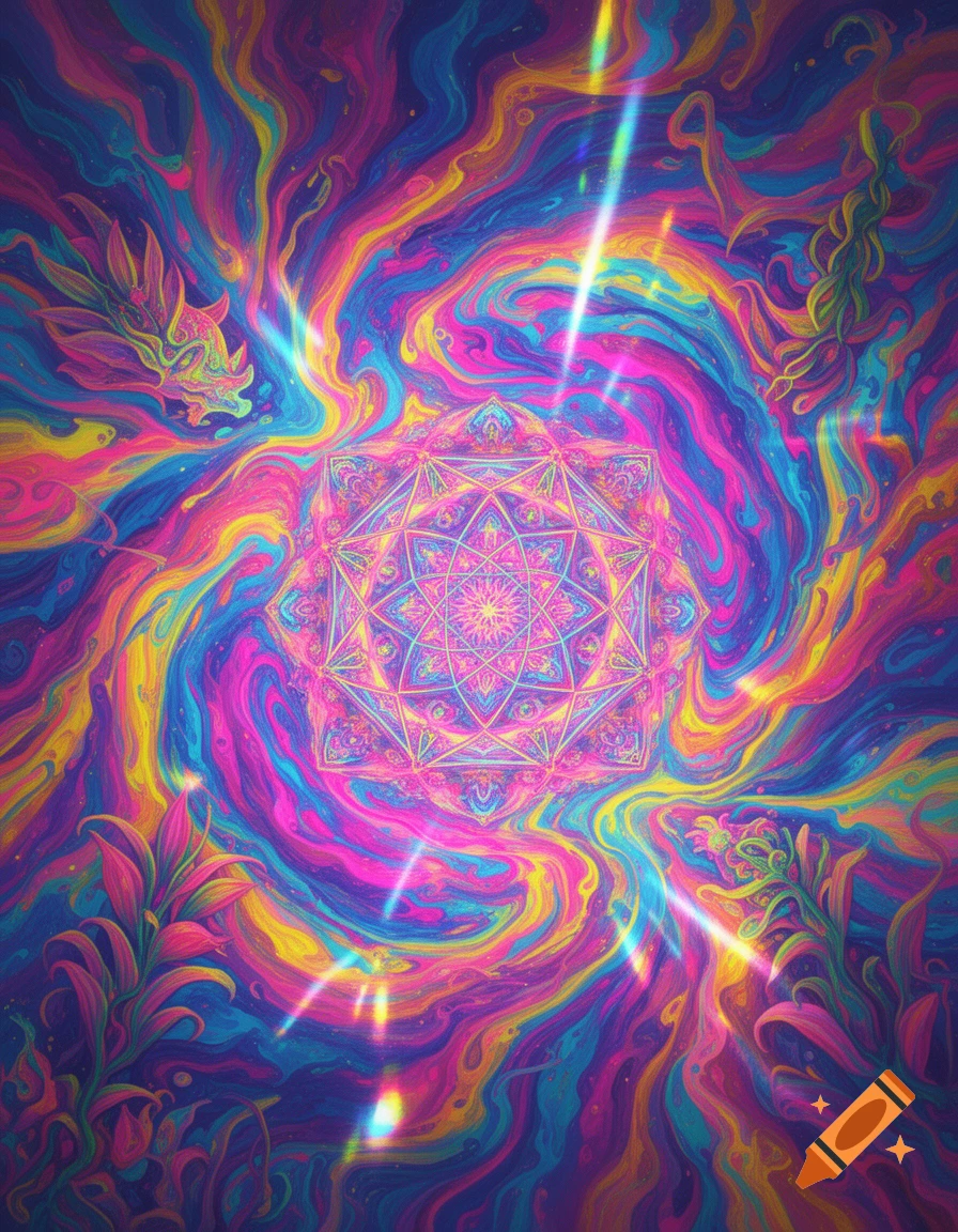 A vibrant psychedelic abstract art piece featuring a central mandala surrounded by swirling patterns in pink, blue, yellow, and purple.