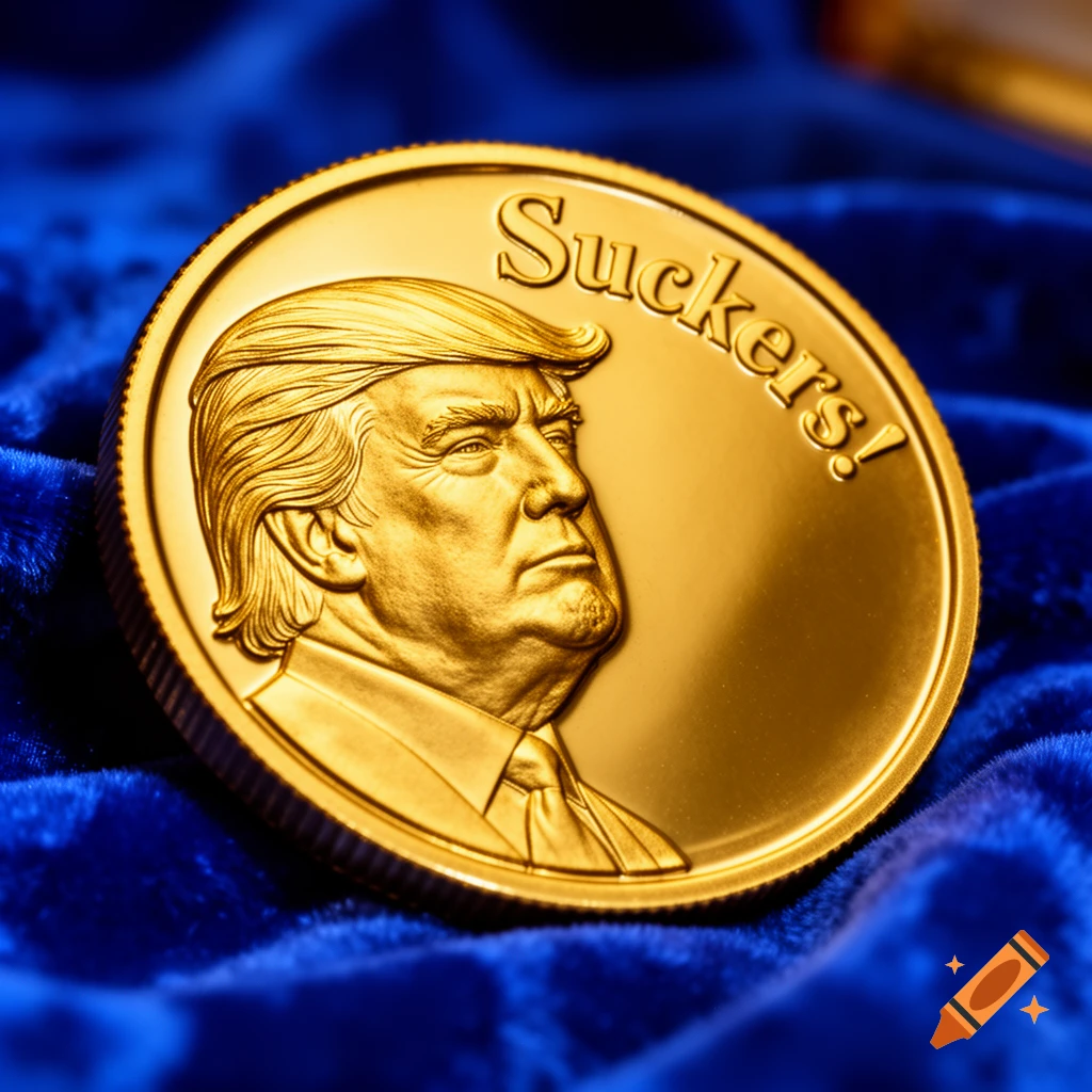 A gold coin featuring a bust of Donald Trump with the word 'Suckers!' engraved above, resting on blue velvet.