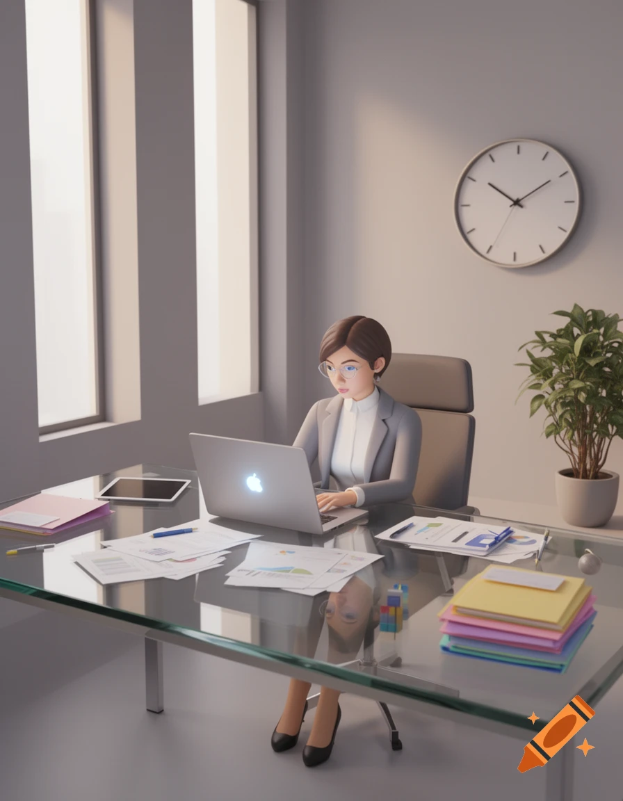 3D render of a woman with short hair and glasses working on a laptop at a glass office desk, surrounded by papers and a plant.