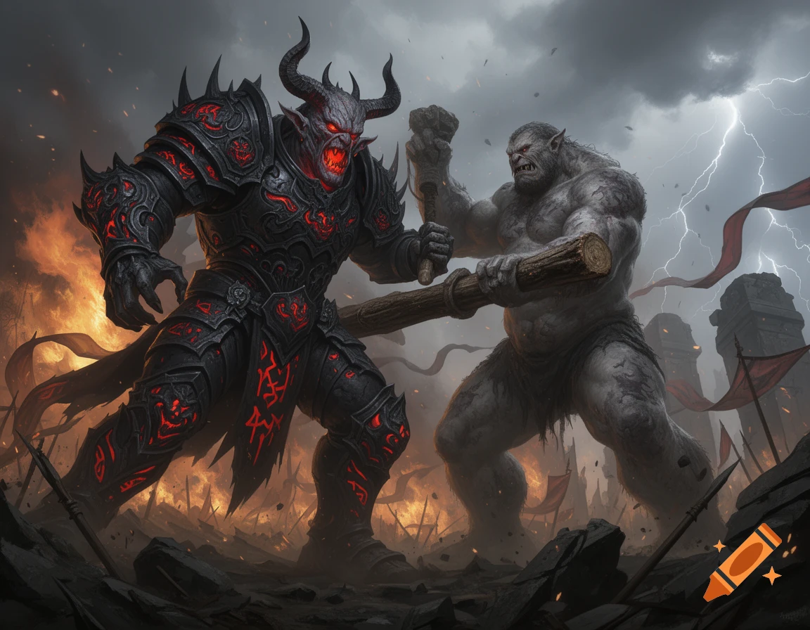 A giant horned demon in red and black armor battles a grey troll wielding a log weapon on a fiery, lightning-struck battlefield.