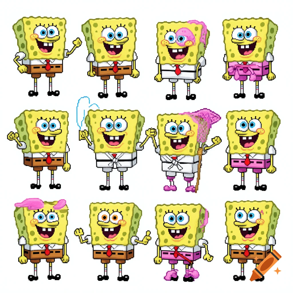 A grid of 12 pixel art sprites of SpongeBob SquarePants in various poses and outfits.