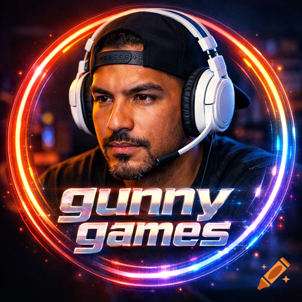 Close-up of a man with a goatee, white headset, and backward black hat, in a neon ring with 'gunny games' text, in a gaming setup.