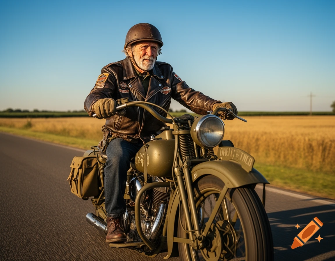 An old man in a leather jacket and helmet rides a vintage military motorcycle down a country road at sunset.