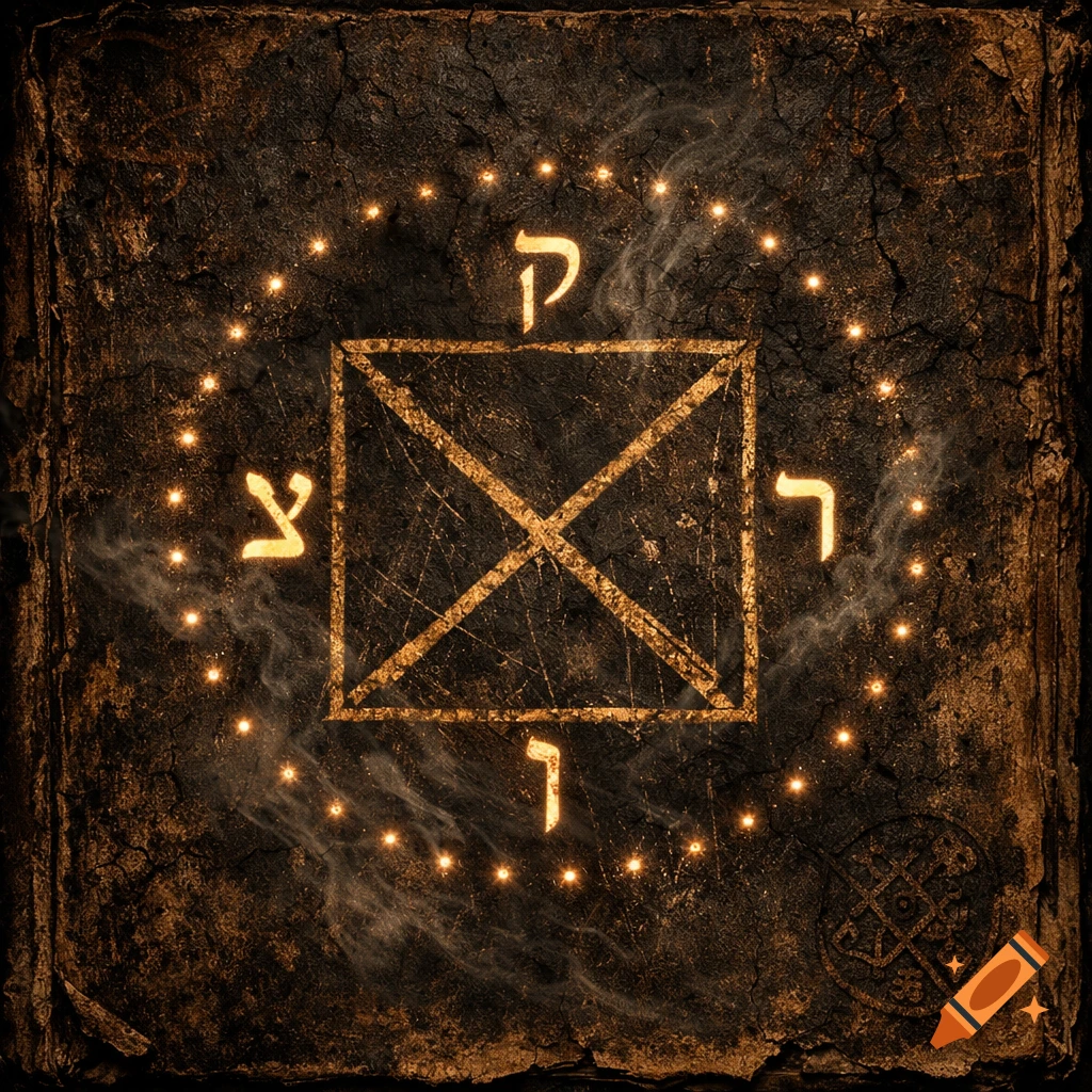 A dark, cracked parchment with a glowing gold occult sigil. The sigil features a square with an X, surrounded by Hebrew letters and glowing dots.