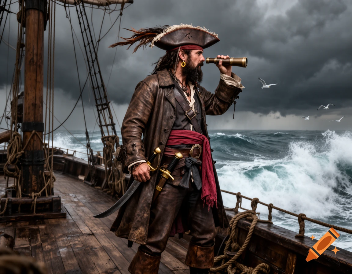 A photorealistic image of a grizzled pirate on a ship, scanning the stormy sea with a spyglass.