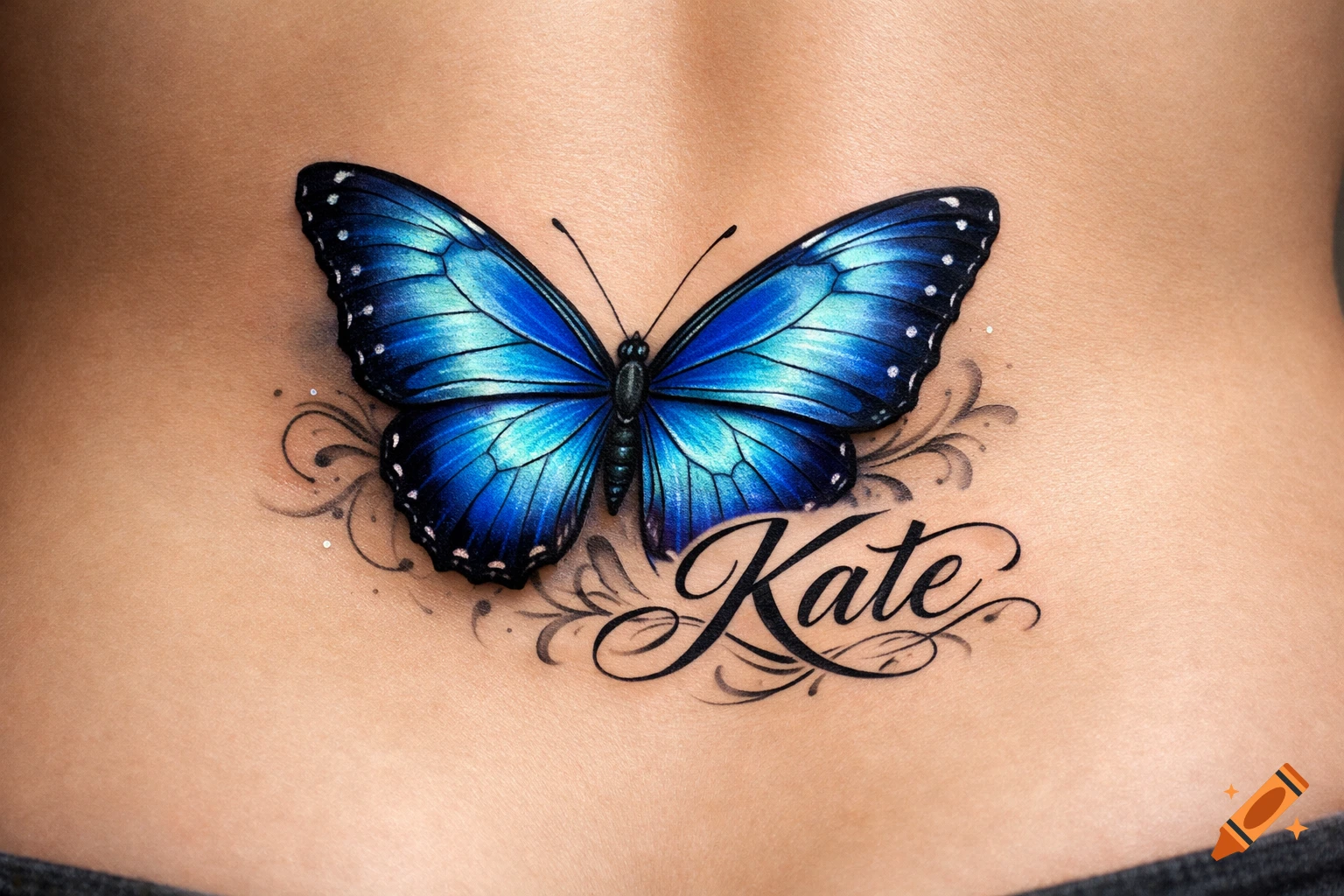 Photorealistic lower back tattoo of a vibrant blue butterfly with delicate black flourishes and the name Kate.