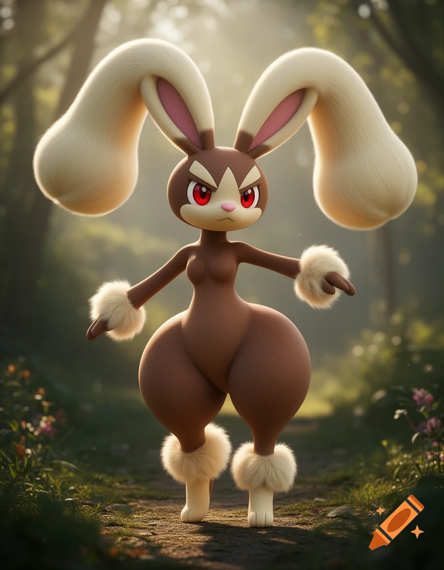 A brown, rabbit-like Pokemon with long cream ears and fur cuffs on its wrists and ankles stands on a forest path, looking forward.