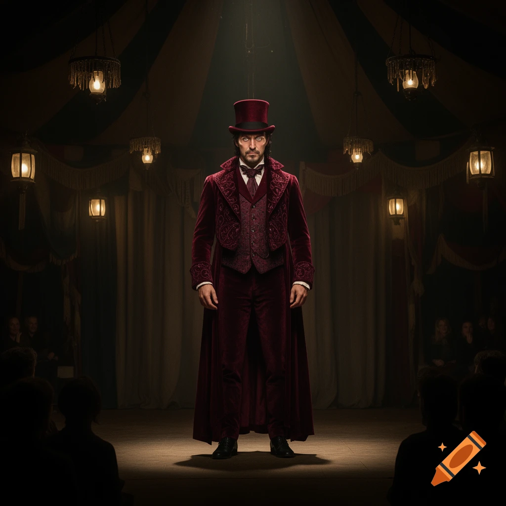 A man dressed in a long, ornate red velvet coat and top hat stands under a spotlight in a circus tent with an audience.