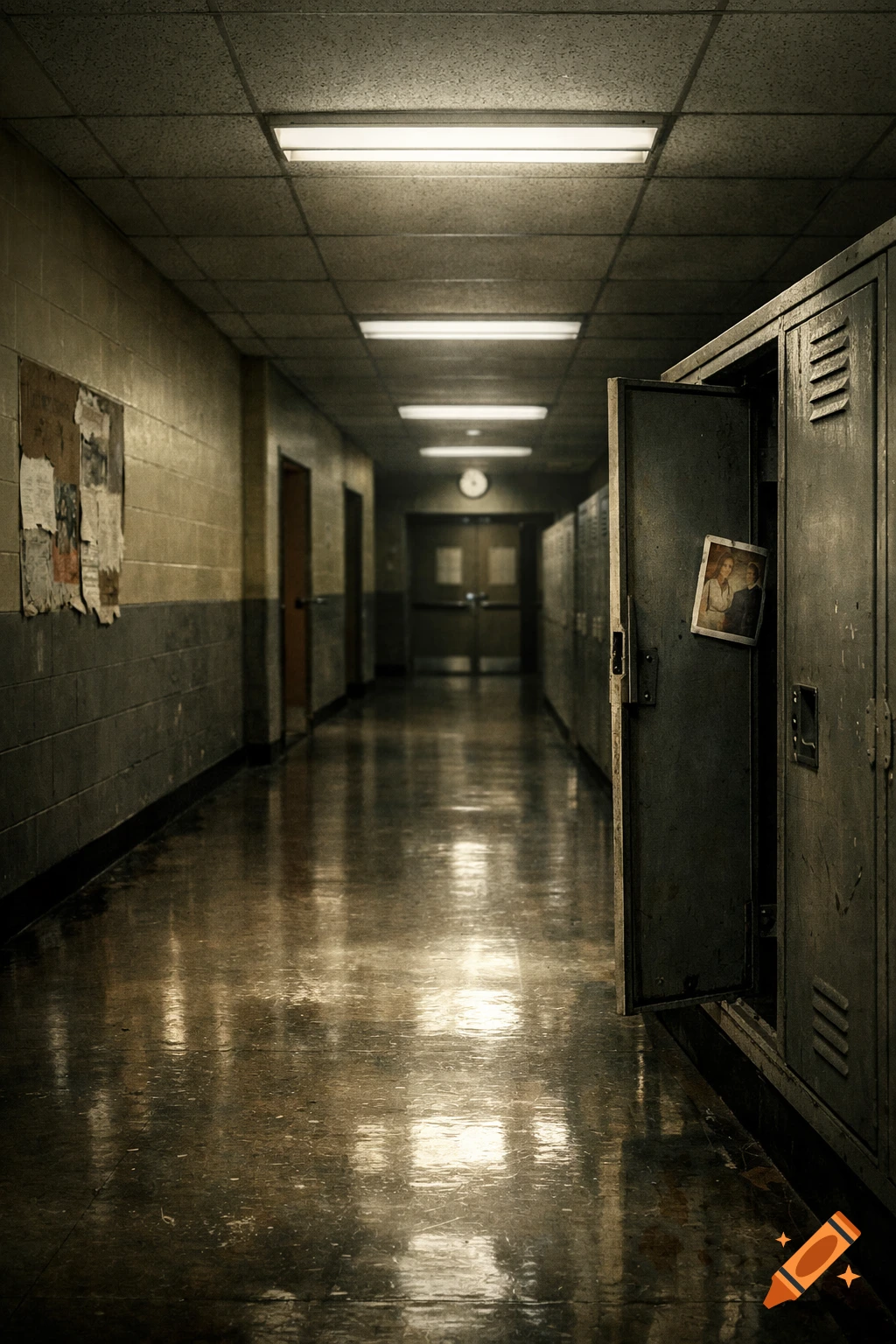 Long, dimly lit school hallway with a reflective floor, lockers on the right, and bulletin boards on the left. An open locker reveals a photo inside.