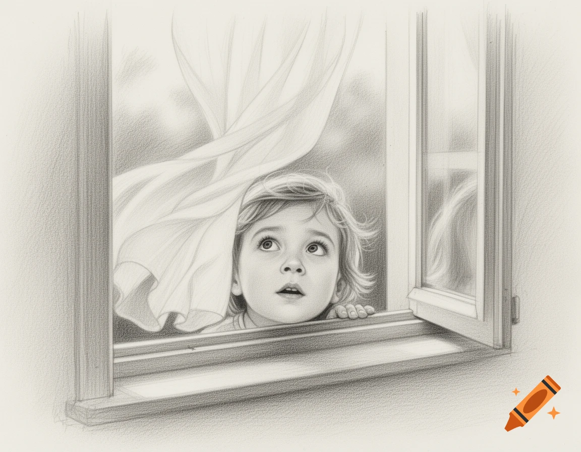 A detailed pencil drawing of a young child looking up with wide eyes while peeking out an open window, with a curtain blowing.
