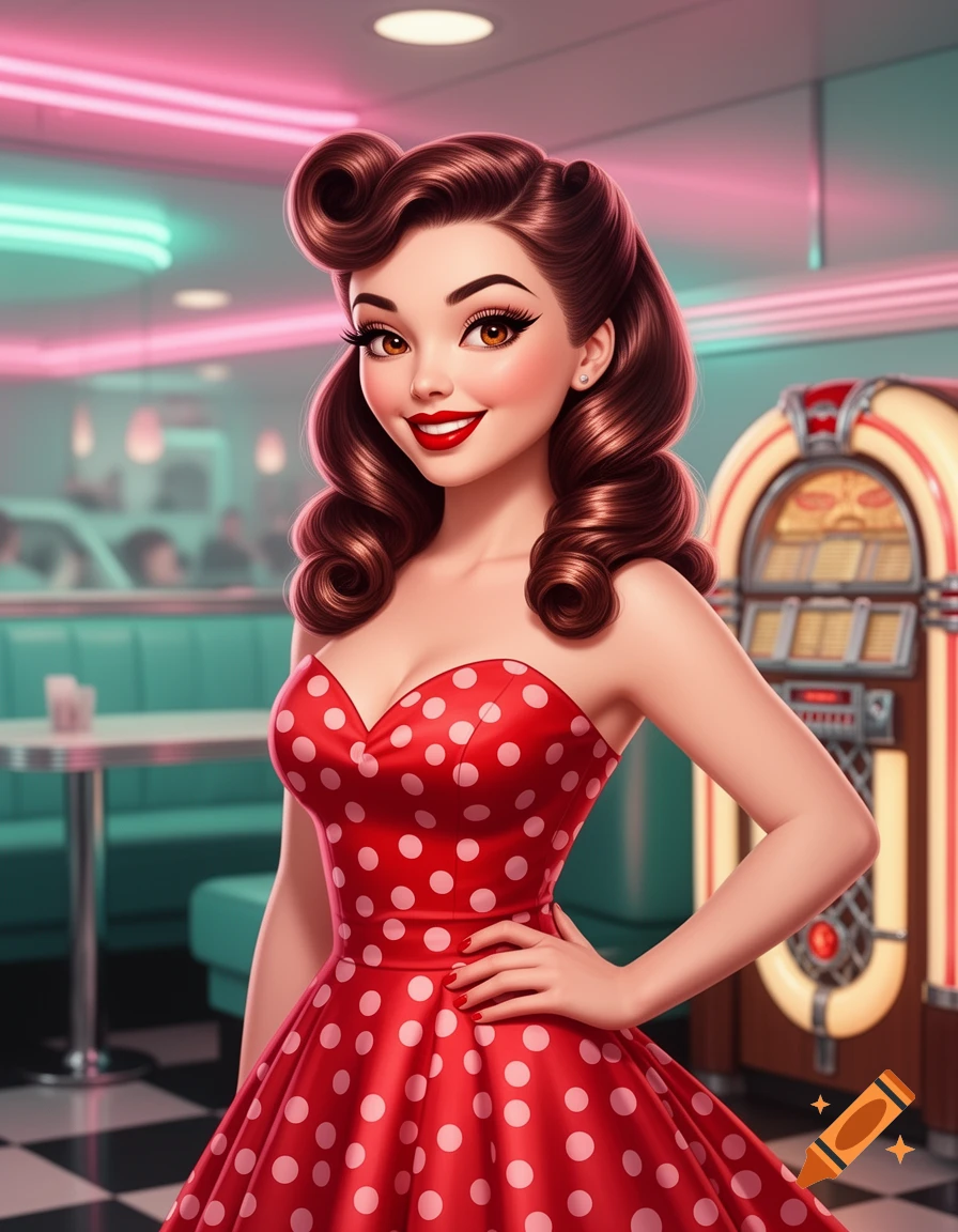 A smiling, stylized woman in a red polka-dot dress stands in a retro diner with neon lights and a jukebox.