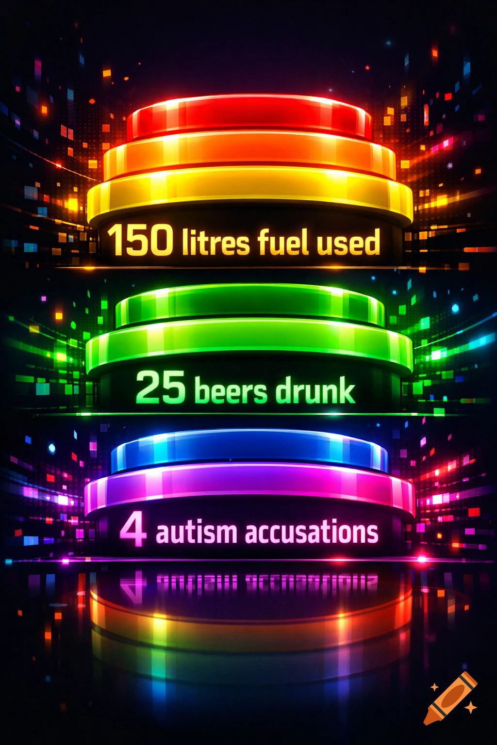 A digital art infographic with three glowing, colorful tiers on a dark background. Text reads: '150 litres fuel used', '25 beers drunk', '4 autism accusations'.