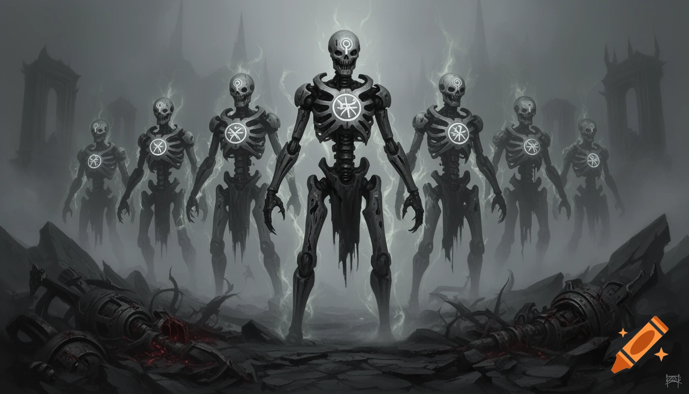 A dark, grimdark sci-fi illustration depicting a group of skeletal, biomechanical Necron warriors with glowing symbols.