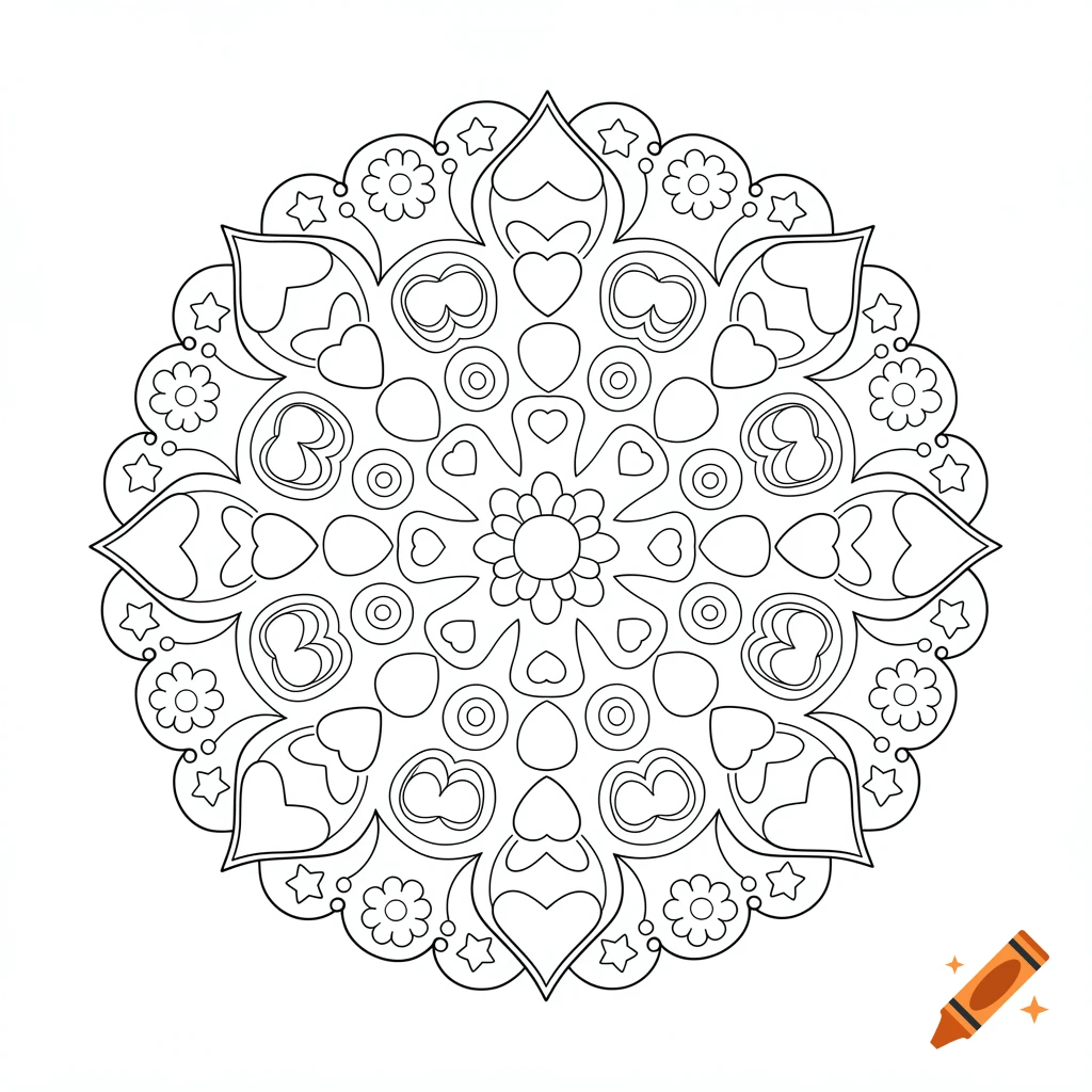 Black and white line art coloring page of a detailed mandala featuring hearts, stars, and floral patterns.
