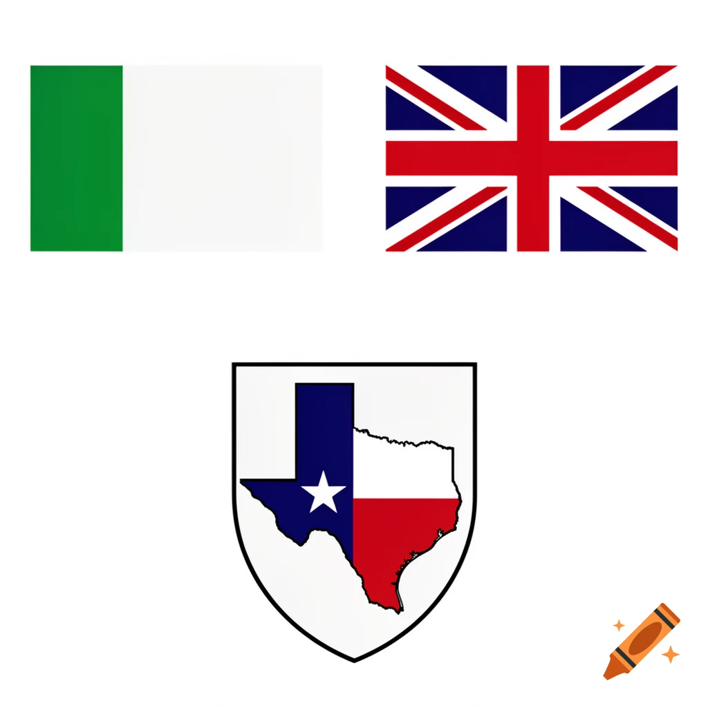 The Nigerian flag and the Union Jack are at the top, with the Texas state emblem, a shield with a map of Texas colored like its flag, at the bottom.