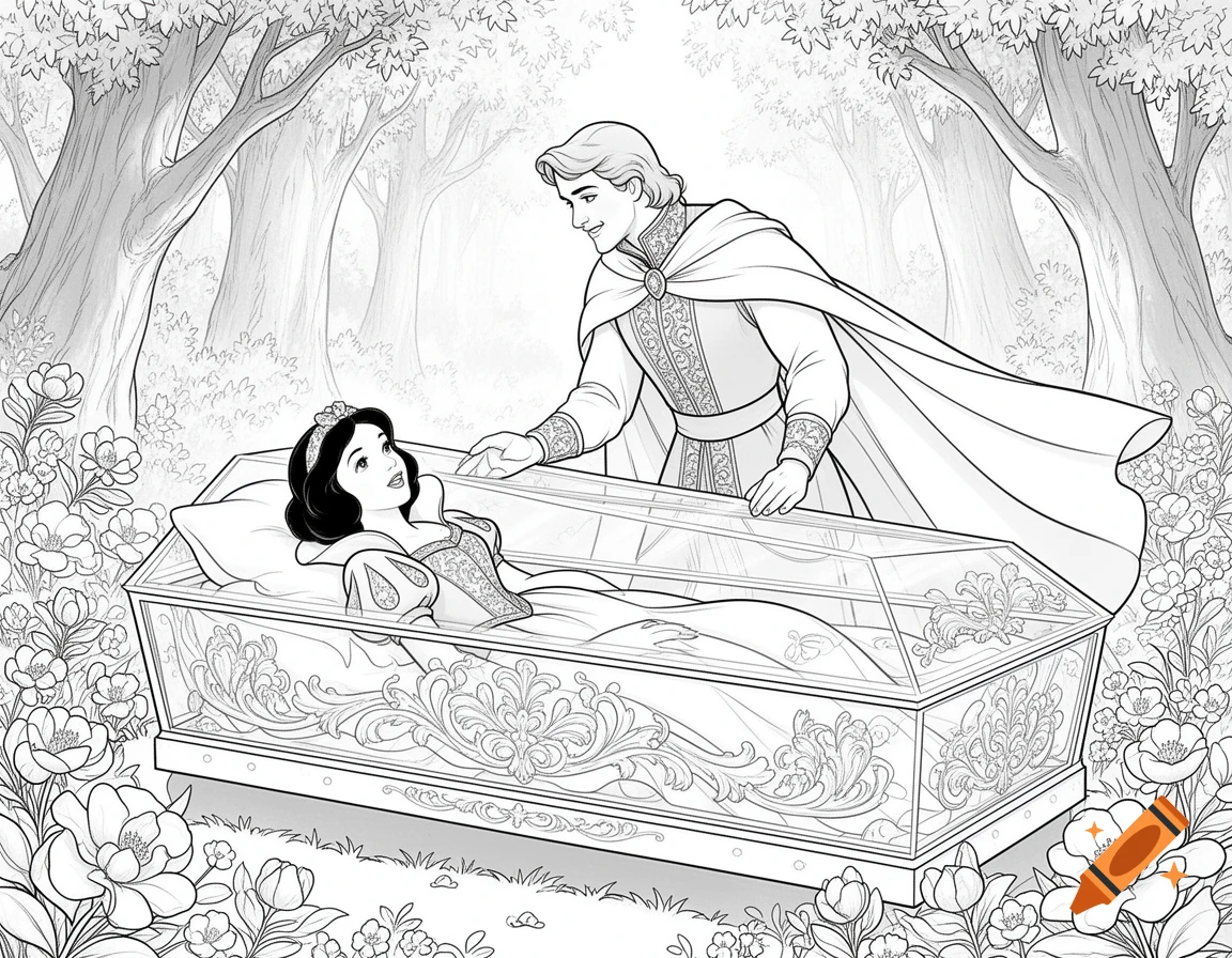 A black and white coloring page of Snow White in a glass coffin, looking up at the Prince who stands over her in a forest.