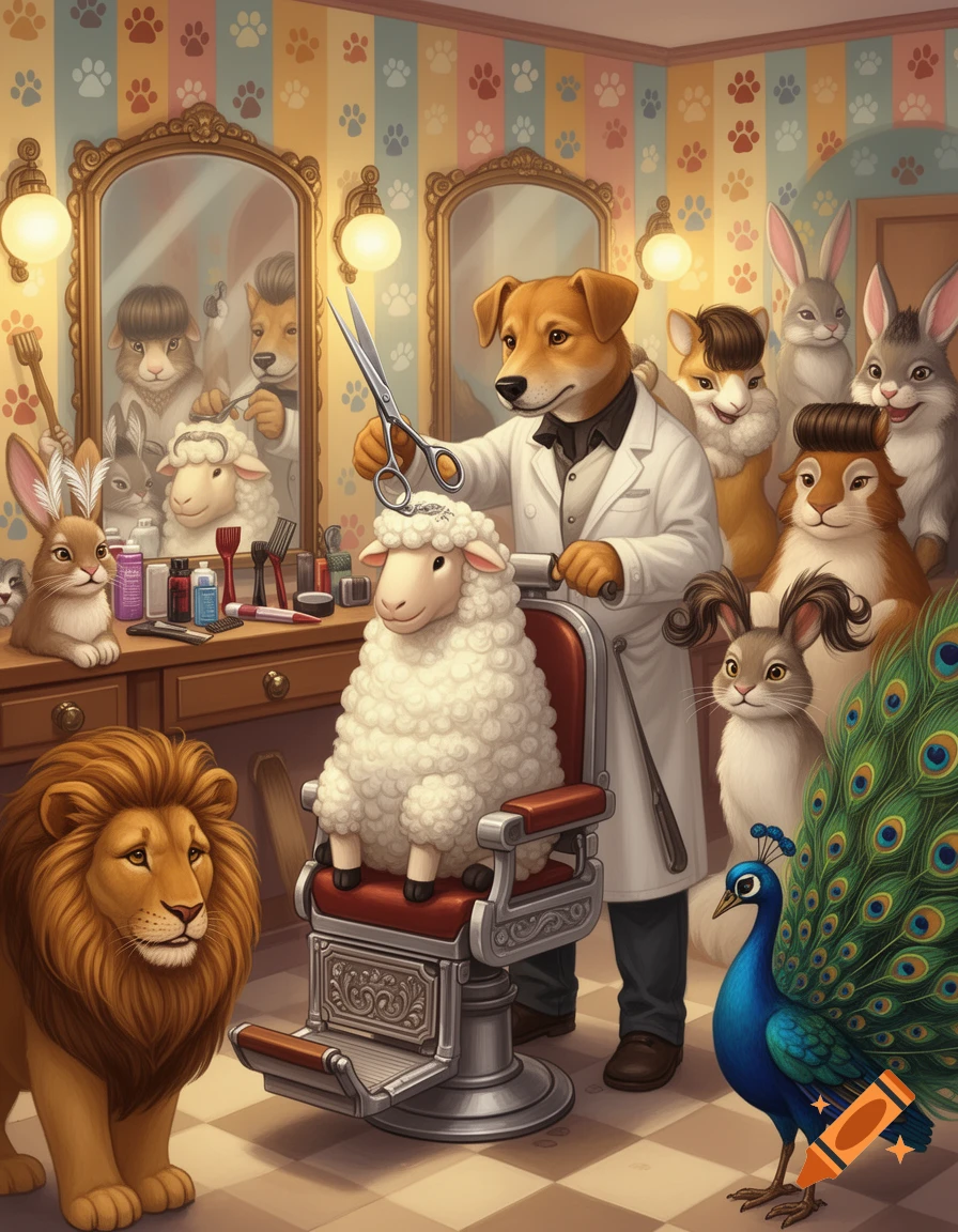 An anthropomorphic dog barber grooms a fluffy sheep in a whimsical barbershop, watched by a lion, rabbits, and a peacock.