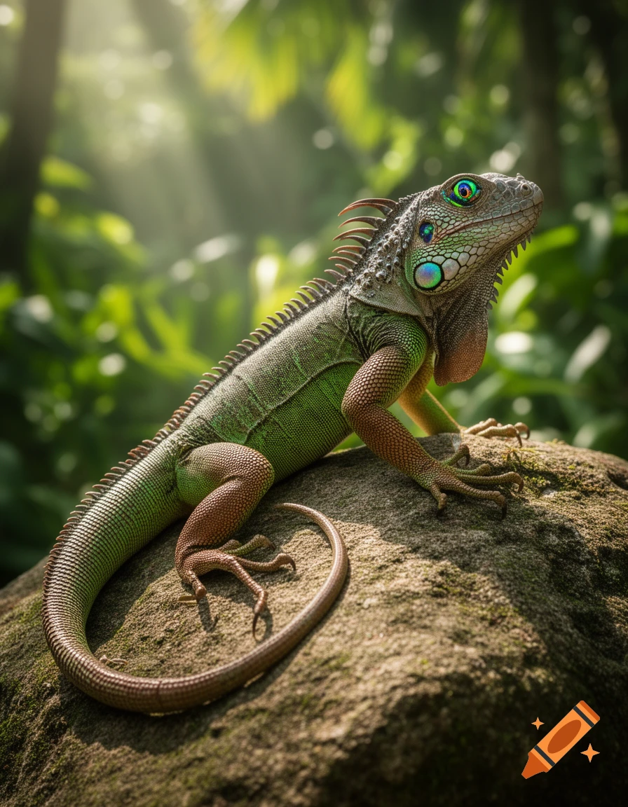 A green iguana with iridescent dragonfly-like eyes sits on a mossy rock in a sunlit jungle, photorealistic.