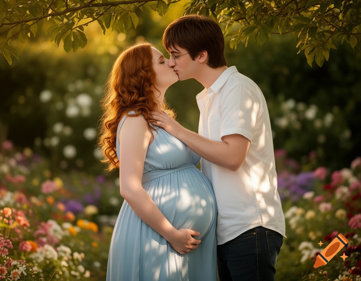 A pregnant woman with red hair and a man with glasses kissing affectionately in a lush, sunlit garden.