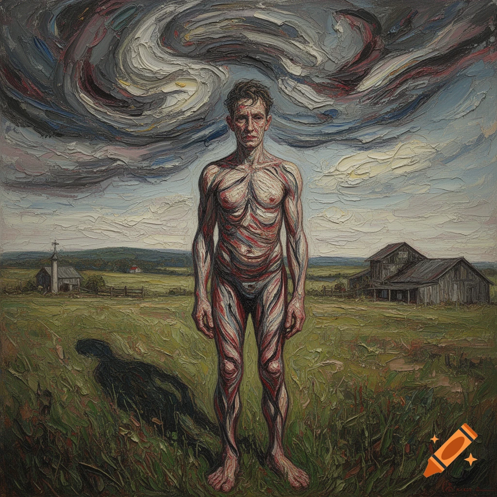 A stylized, nude man with striped skin stands in a grassy field, under a swirling, textured sky, with a church and barn in the distance, in an oil painting style.
