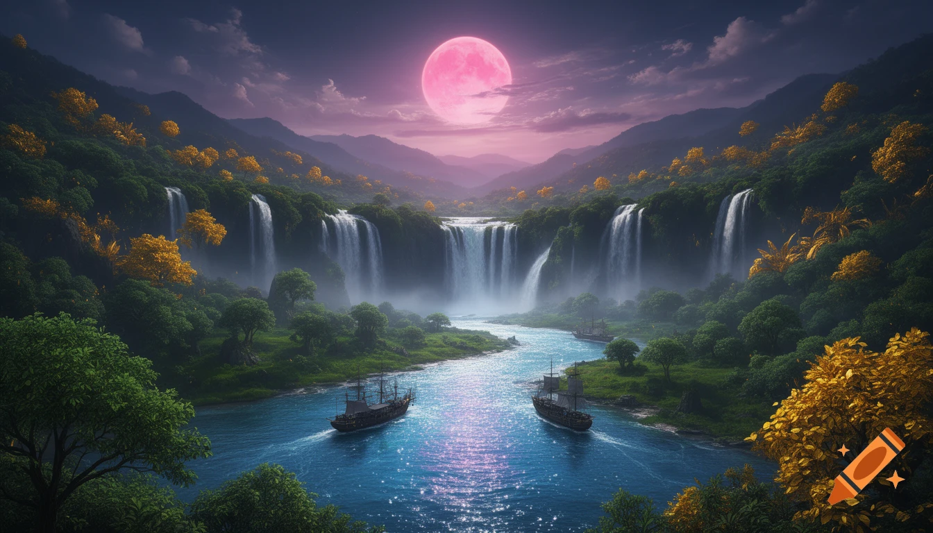 A surreal, hyperdetailed fantasy landscape painting with a river ...
