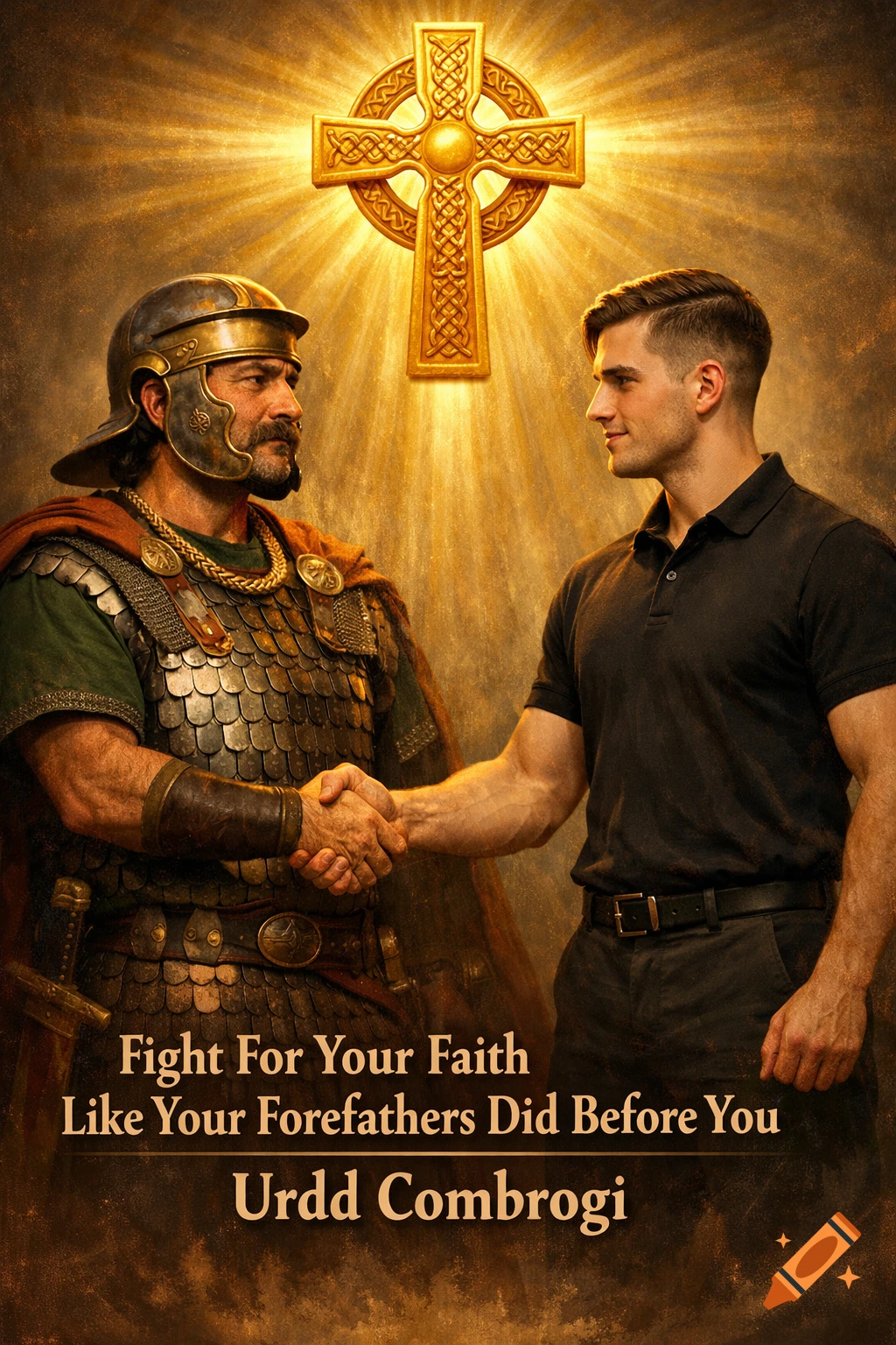 A Romano-British soldier and a modern man shake hands under a glowing golden Celtic cross, with inspirational text below. Realistic style.