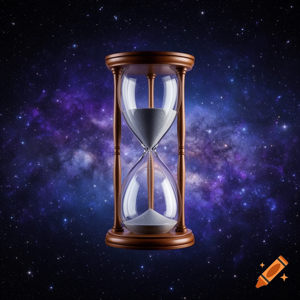 A photorealistic hourglass with sand flowing through it, floating against a vibrant purple and blue galaxy with countless stars.