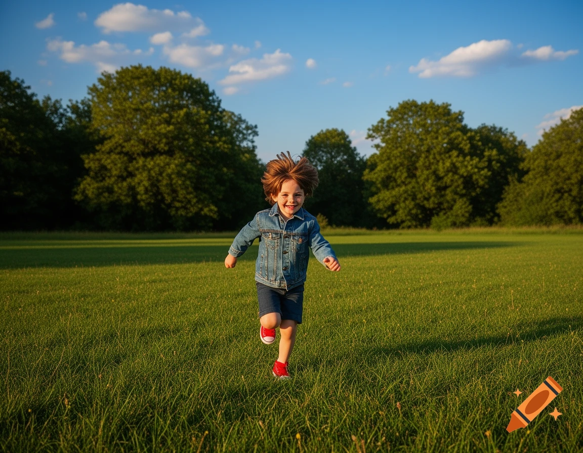 A smiling boy with messy brown hair runs across a green grassy field on a sunny day.