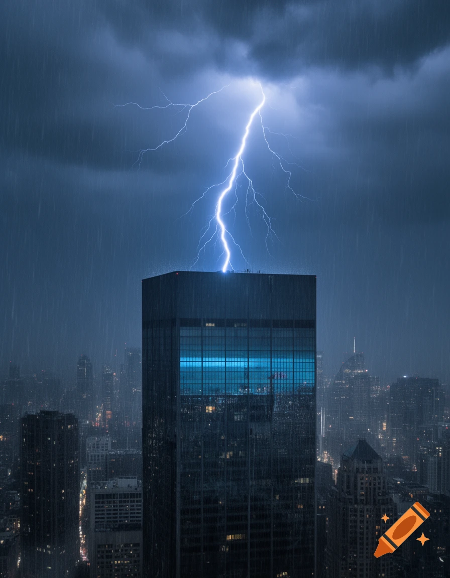 A bright blue lightning bolt strikes the top of a tall, flat skyscraper amidst a rainy city at night.