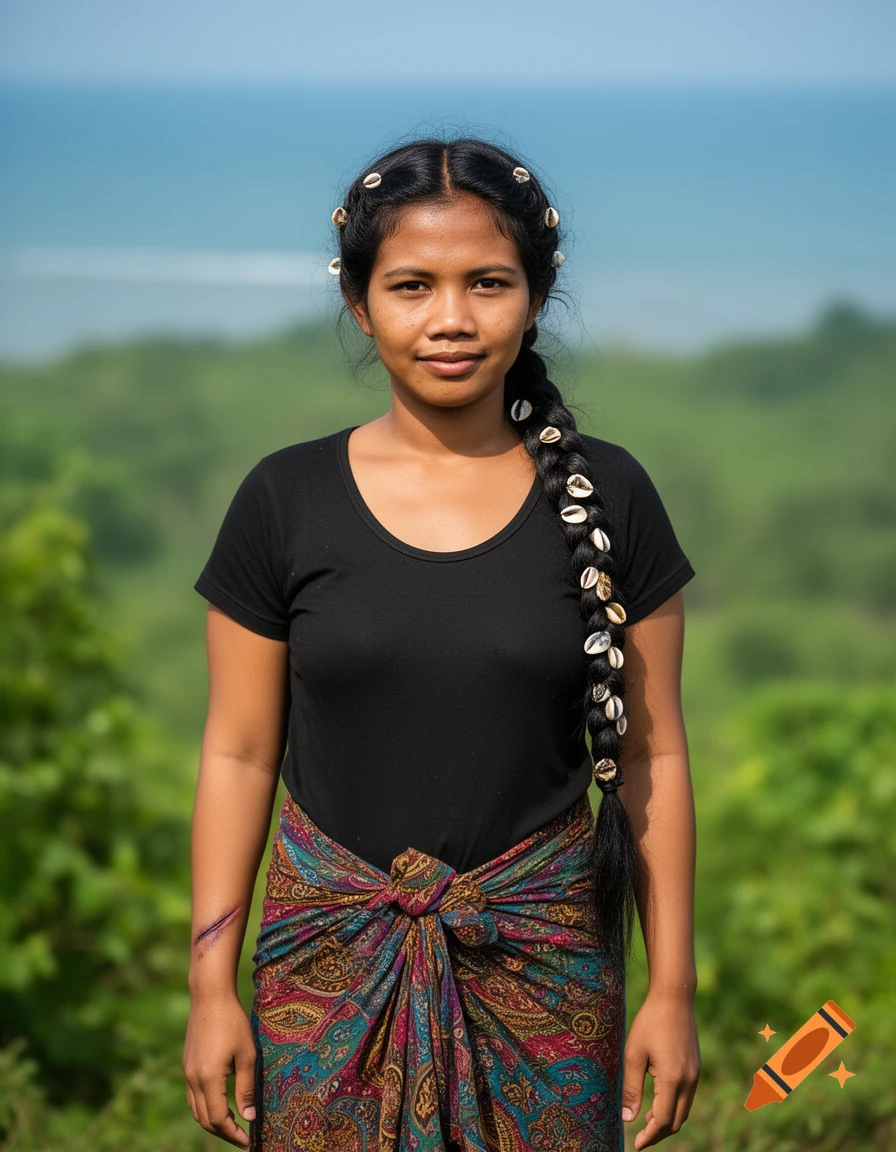 Portrait of a rural woman with dark skin, long braided hair with shells, wearing a black shirt and patterned sarong, with a subtle forearm scar, against a green and blue landscape.