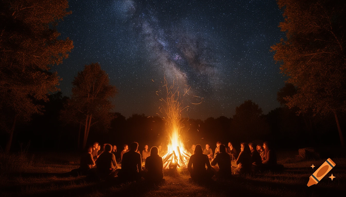 People sit around a bright bonfire at night, under a clear, star-filled sky with the Milky Way.
