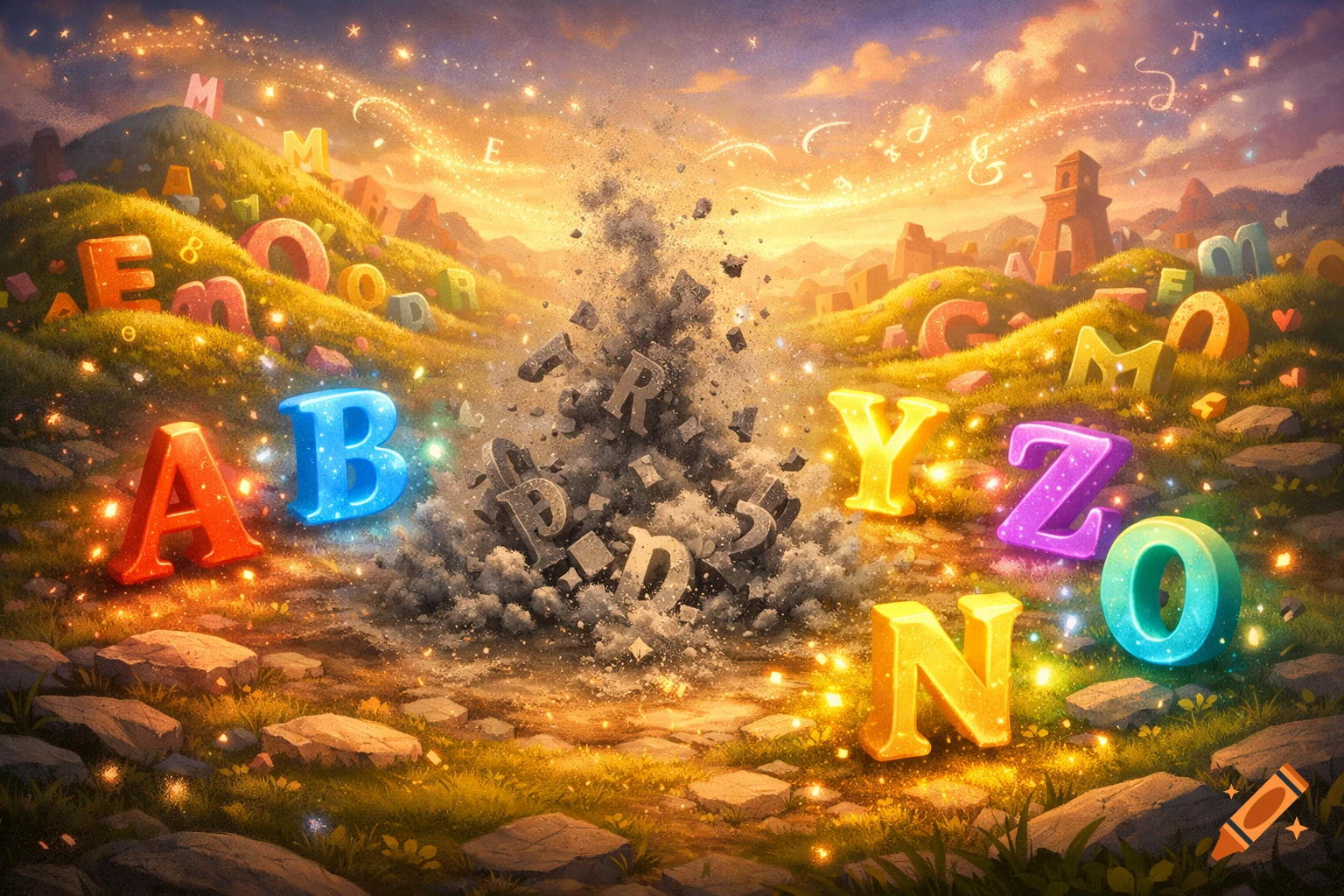 A vibrant fantasy landscape with colorful, glowing letters emerging from a gray, crumbling void, while other letters form hills in the background under a magical sky.