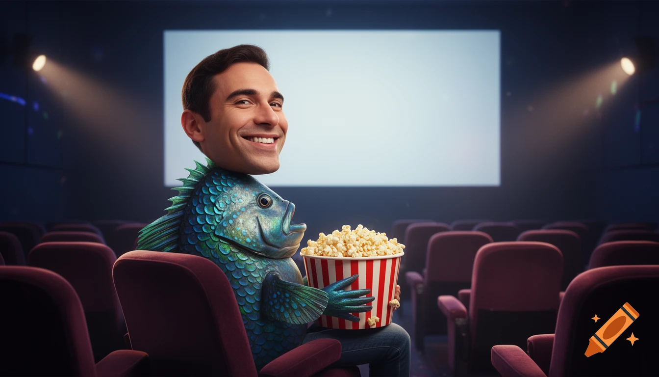 A smiling man with a fish body, wearing jeans, sits in a movie theater seat, holding a bucket of popcorn with his fins as a blank screen glows.