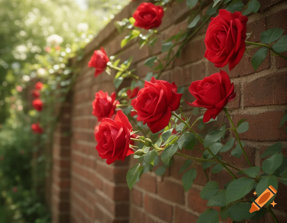 Vibrant red climbing roses growing against a brick wall in soft sunlight.