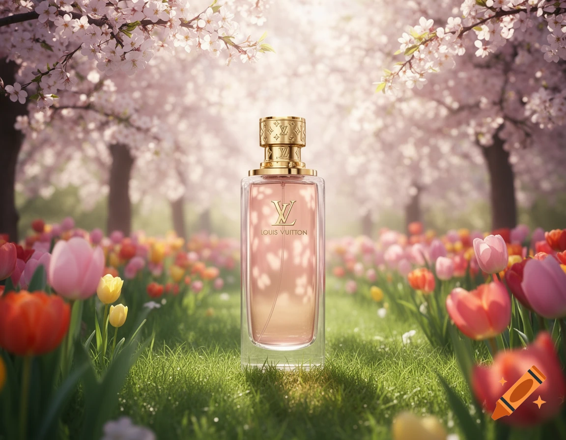 A Louis Vuitton perfume bottle with a golden cap stands in a grassy field among pink and yellow tulips, under blooming cherry blossom trees.